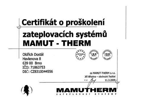 Certifikát o proškolení zateplovacích systémů - Mamut Therm
